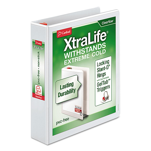 Cardinal XtraLife ClearVue Non-Stick Locking Slant-D Ring Binder, 3 Rings, 1.5" Capacity, 11 x 8.5, White (26310)