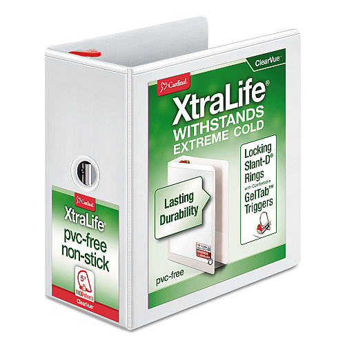 Cardinal XtraLife ClearVue Non-Stick Locking Slant-D Ring Binder, 3 Rings, 5" Capacity, 11 x 8.5, White (26350)