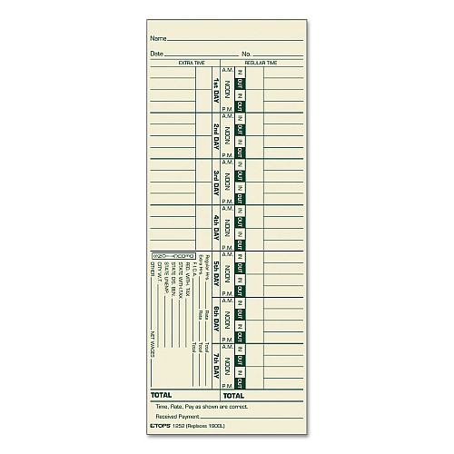 TOPS Time Clock Cards, Replacement for 1900L, One Side, 3.5 x 9, 500/Box (1252)