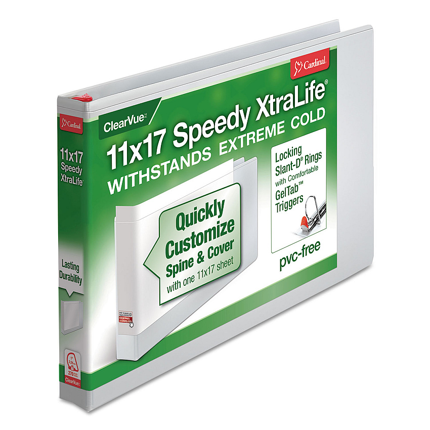 Cardinal Speedy XtraLife Non-Stick Locking Slant-D Ring Binder, 3 Rings, 1" Capacity, 11 x 17, White (56200)