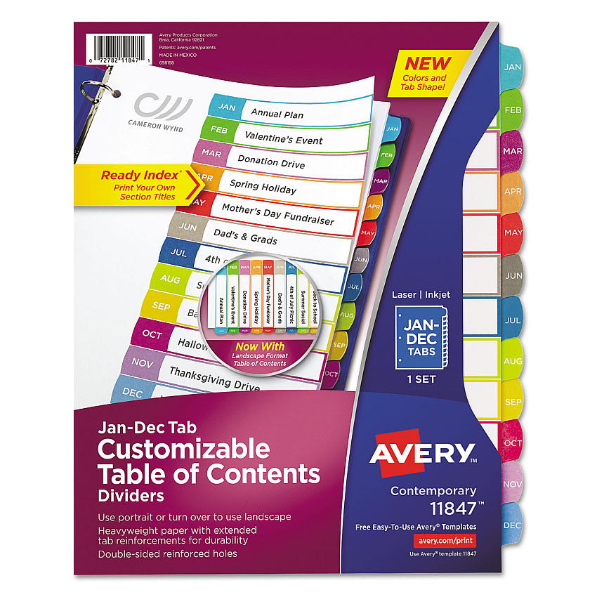 Avery Customizable TOC Ready Index Multicolor Tab Dividers, 12-Tab, Jan. to Dec., 11 x 8.5, White, Contemporary Color Tabs, 1 Set (11847)