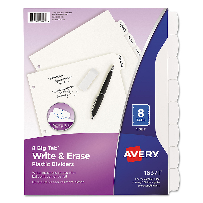 Avery Write and Erase Big Tab Durable Plastic Dividers, 3-Hole Punched, 8-Tab, 11 x 8.5, White, 1 Set (16371)