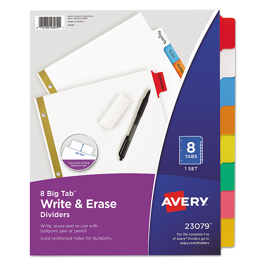 Avery Write and Erase Big Tab Paper Dividers, 8-Tab, 11 x 8.5, White, Assorted Tabs,1 Set (23079)
