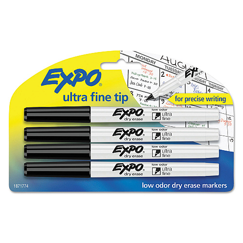EXPO Low-Odor Dry-Erase Marker, Extra-Fine Bullet Tip, Black, 4/Pack (1871774)