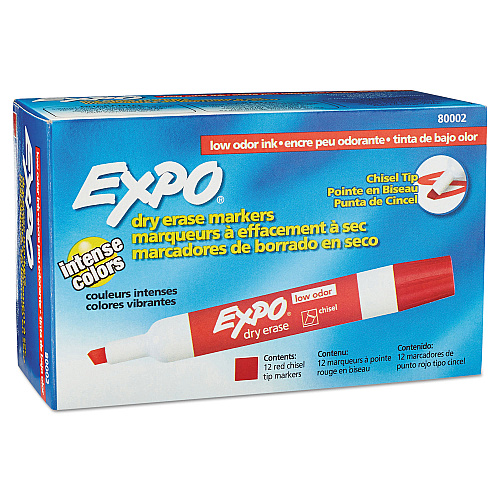 EXPO Low-Odor Dry-Erase Marker, Broad Chisel Tip, Red, Dozen (80002)
