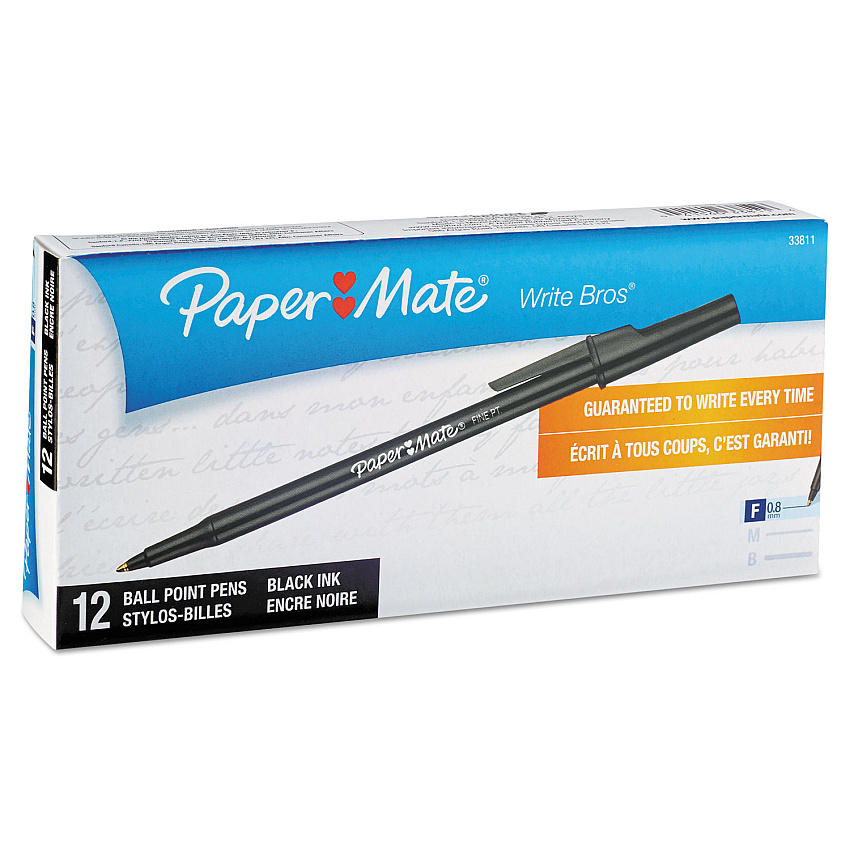 Paper Mate Write Bros. Stick Ballpoint Pen, Fine 0.8mm, Black Ink/Barrel, Dozen (3381131)