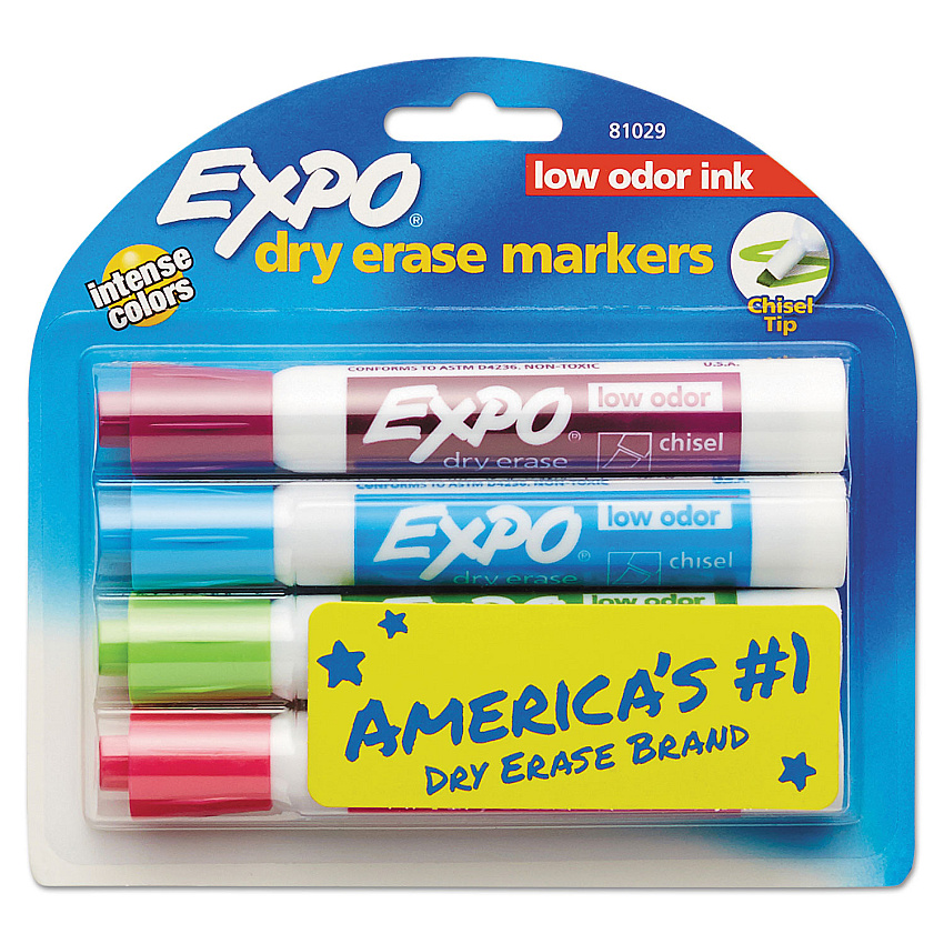 EXPO Low-Odor Dry-Erase Marker, Broad Chisel Tip, Assorted Pastel Colors, 4/Set (81029)