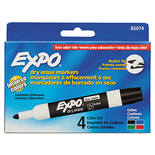 EXPO Low-Odor Dry-Erase Marker, Medium Bullet Tip, Assorted Colors, 4/Set (82074)