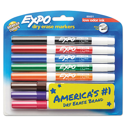 EXPO Low-Odor Dry-Erase Marker, Fine Bullet Tip, Assorted Colors, 8/Set (86601)