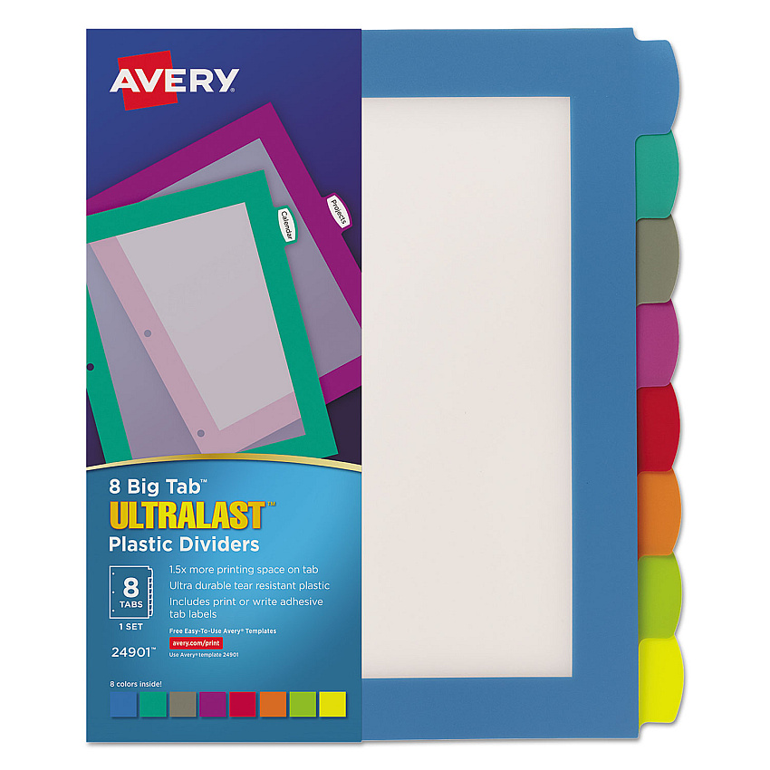 Avery Big Tab Ultralast Plastic Dividers, 8-Tab, 11 x 8.5, Assorted, 1 Set 8 x Divider(s) - 8 Write-on Tab(s) - 8 - 8 Tab(s)/Set - 8.5" Divider Width x 11" Divider Length - 3 Hole Punched - Multicolor Plastic Divider - Multicolor Plastic Tab(s) -  (24901)