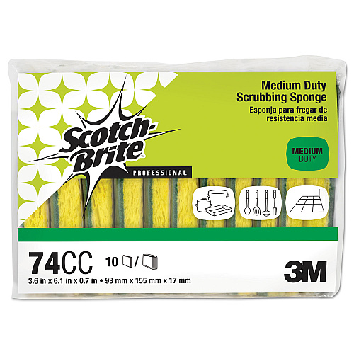 Scotch-Brite Medium-Duty Scrubbing Sponge, 3.6 x 6.1, 0.7" Thick, Yellow/Green, 10/Pack (74CC)