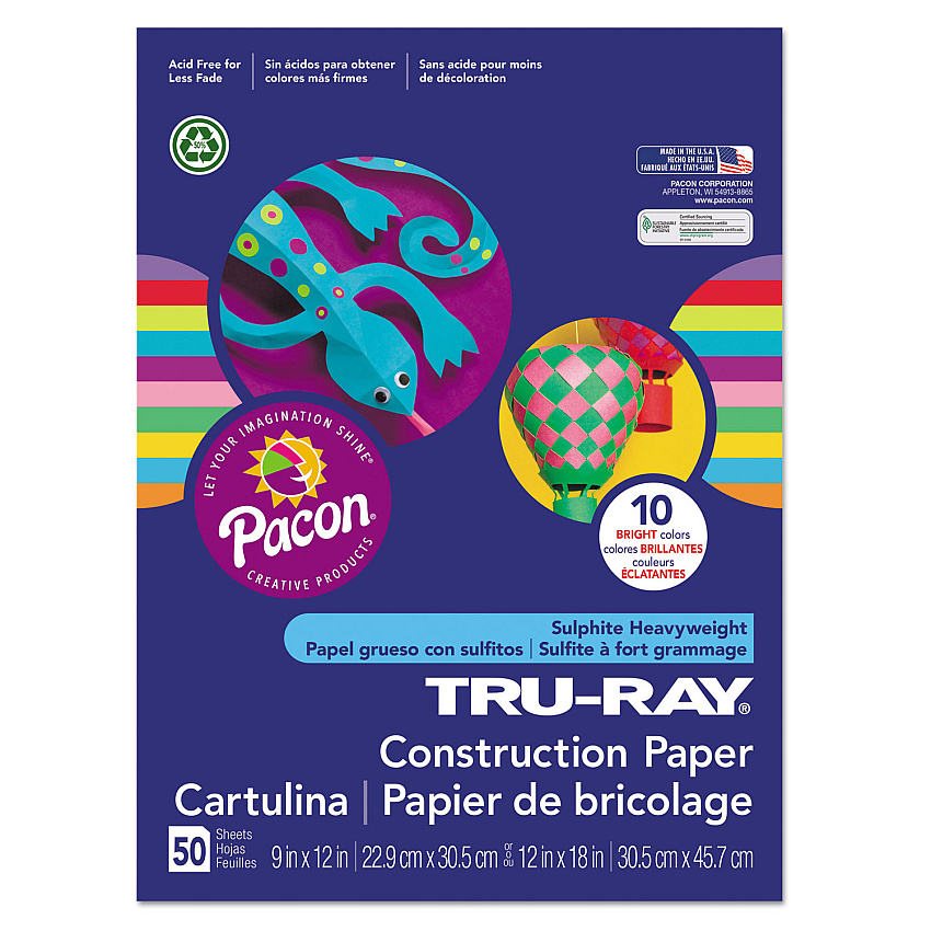 Pacon Tru-Ray Construction Paper, 76 lb Text Weight, 9 x 12, Assorted Bright Colors, 50/Pack (102940)
