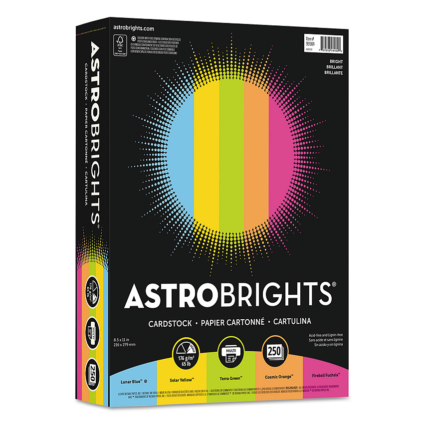 Astrobrights Color Cardstock -"Bright" Assortment, 65 lb Cover Weight, 8.5 x 11, Assorted, 250/Pack (99904)