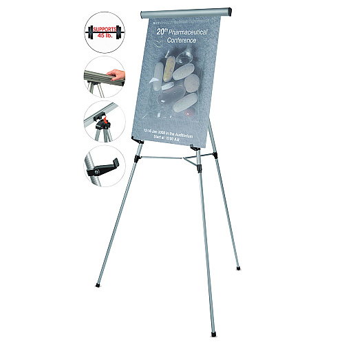 MasterVision Telescoping Tripod Display Easel, Adjusts 35" to 64" High, Metal, Silver (FLX09102MV)
