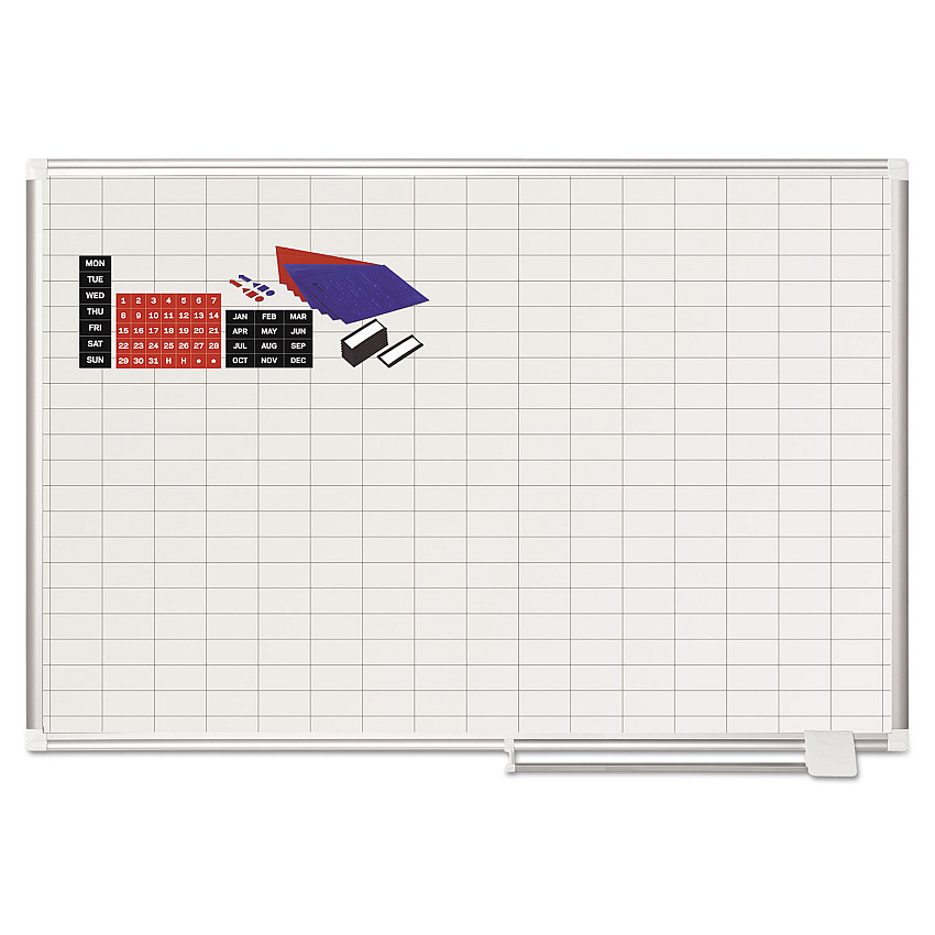 MasterVision Gridded Magnetic Steel Dry Erase Planning Board with Accessories, 1 x 2 Grid, 48 x 36, White Surface, Silver Aluminum Frame (MA0592830A)