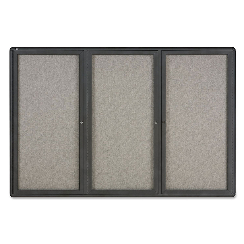 Quartet Enclosed Indoor Fabric Bulletin Board with Three Hinged Doors, 72 x 48, Gray Surface, Graphite Aluminum Frame (2367L)