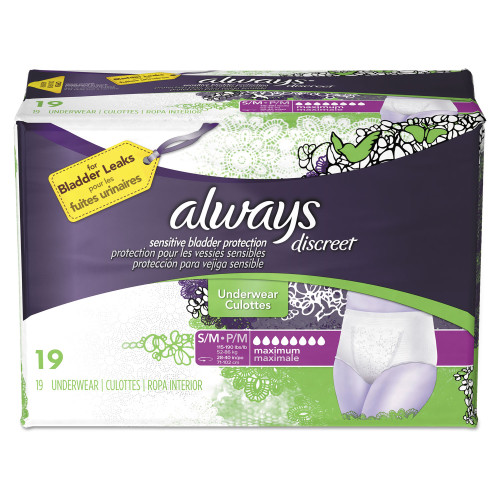 Always Discreet Incontinence Underwear, Small/Medium, Maximum Absorbency,  19/Pack, 3 Packs/Carton (92735)