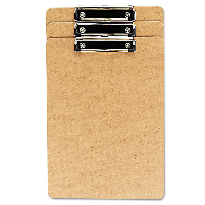 Universal Hardboard Clipboard with Low-Profile Clip, 0.5" Clip Capacity, Holds 8.5 x 14 Sheets, Brown, 3/Pack (UNV05563)