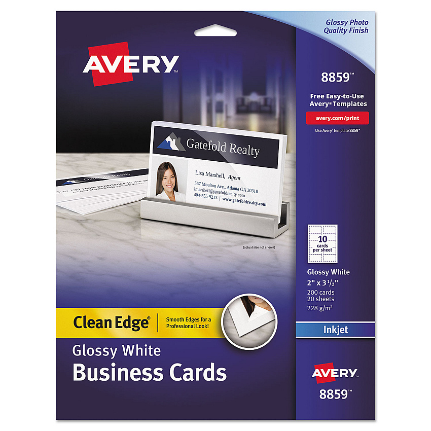 Avery True Print Clean Edge Business Cards, Inkjet, 2 x 3.5, Glossy White, 200 Cards, 10 Cards Sheet, 20 Sheets/Pack (8859)