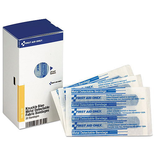 First Aid Only SmartCompliance Blue Metal Detectable Bandages, Knuckle, 1 x 3, 20/Box (FAE3030)