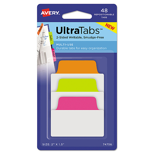 Avery Ultra Tabs Repositionable Tabs, Standard: 2" x 1.5", 1/5-Cut, Assorted Neon Colors, 48/Pack (74756)
