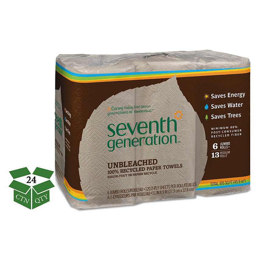 Seventh Generation Natural Unbleached 100% Recycled Paper Kitchen Towel Rolls, 2-Ply, 11 x 9, 120/Roll, 24 Rolls/Carton (13737)