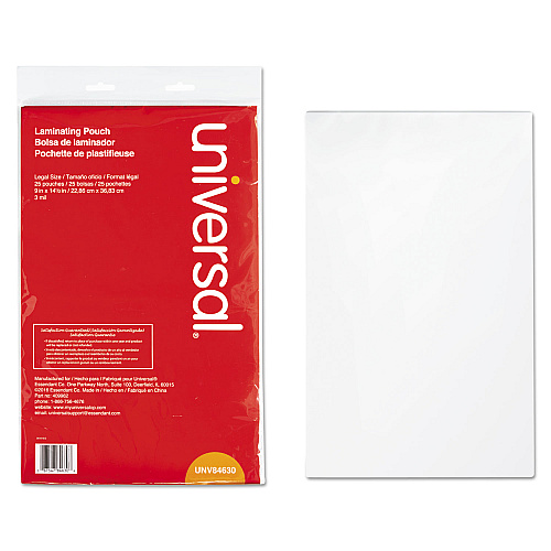 Universal Laminating Pouches, 3 mil, 9" x 14.5", Gloss Clear, 25/Pack (UNV84630)