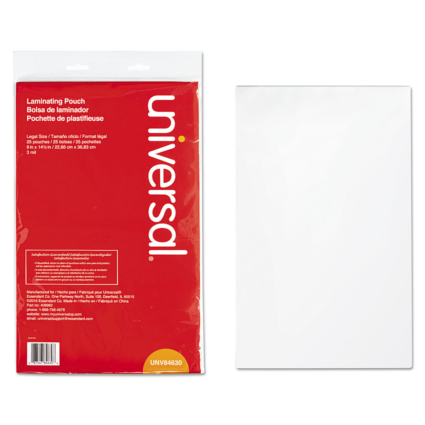 Universal Laminating Pouches, 3 mil, 9" x 14.5", Gloss Clear, 25/Pack (UNV84630)