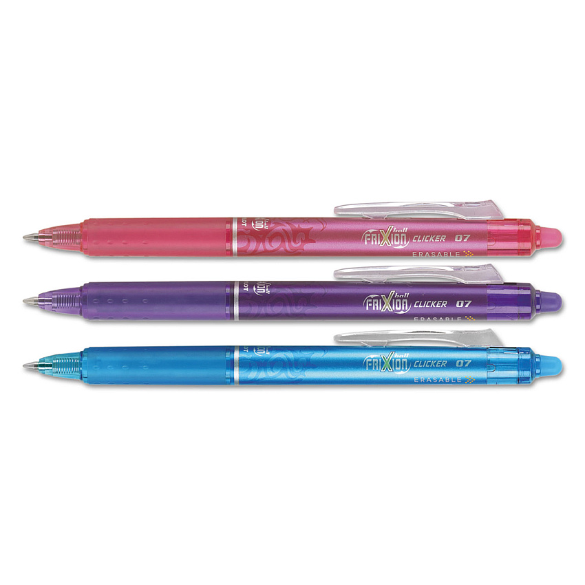 Pilot FriXion Clicker Erasable Gel Pen, Retractable, Fine 0.7 mm, Assorted Ink and Barrel Colors, 3/Pack (31469)