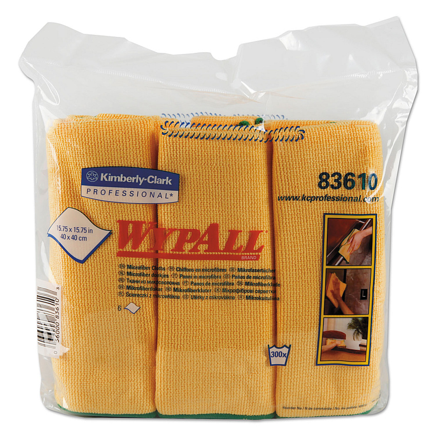 WypAll Microfiber Cloths, Reusable, 15.75 x 15.75, Yellow, 24/Carton 15.75" Length x 15.75" Width - Eco-friendly, Absorbent, Durable, Launderable, Washable - Yellow - 6/Pack - 4 / Carton (83610CT)