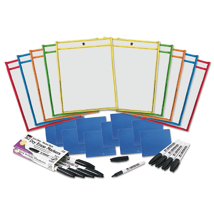 Charles Leonard Dry Erase Pocket Class Pack, 10.5  x 1.5, Assorted Primary Colors, 10/Pack (29130)