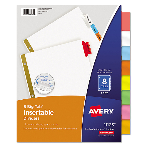 Avery Insertable Big Tab Dividers, 8-Tab, Double-Sided Gold Edge Reinforcing, 11 x 8.5, White, Assorted Tabs, 1 Set (11123)