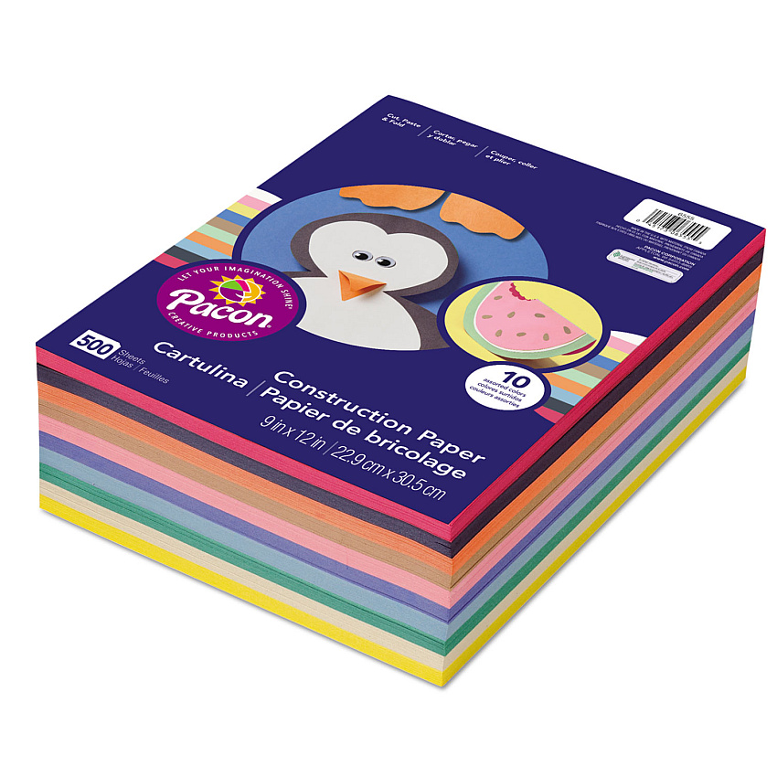 Pacon Rainbow Super Value Construction Paper Ream, 45 lb Text, 9 x 12, Assorted, 500/Pack (6555)