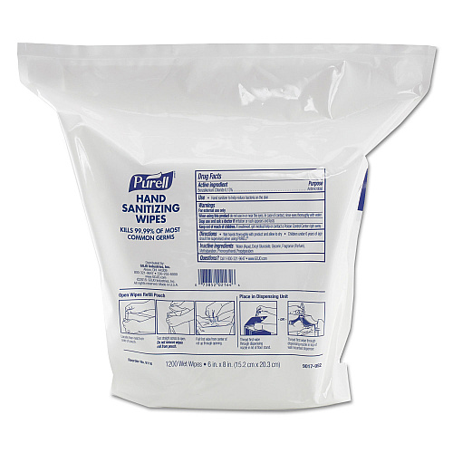 PURELL Hand Sanitizing Wipes, 6 x 8, Fresh Citrus Scent, White, 1,200/Refill Pouch, 2 Refills/Carton (911802)