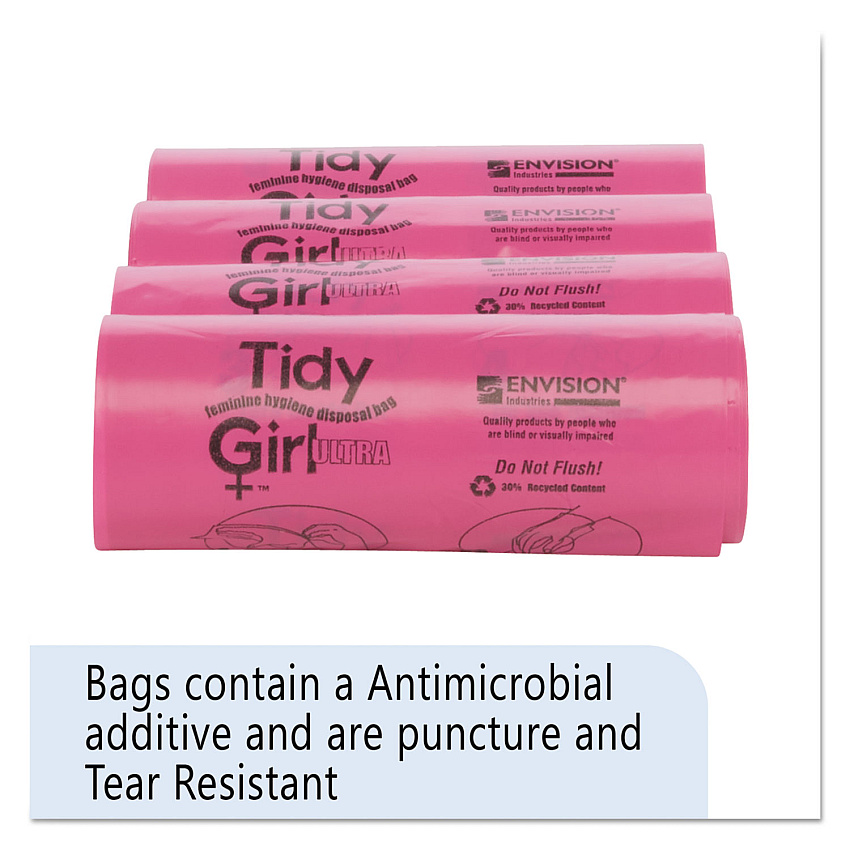 Tidy Girl Feminine Hygiene Sanitary Disposal Bags, 4" x 4" x 10", Pink/Black, 150 Bags/Roll, 4 Rolls/Carton (TGUF)