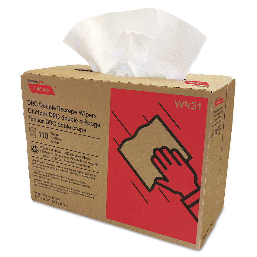 Cascades Tuff-Job Double Recrepe Wipers, 9.25 x 12.5, White, 110/Box, 12 Boxes/Carton (W431)