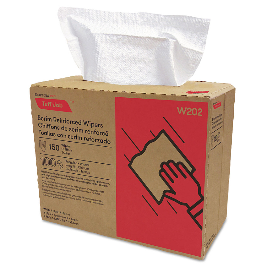 Cascades Tuff-Job Scrim Reinforced Wipers, 4-Ply, 9.75 x 16.75, White, 150/Box, 6 Box/Carton (W202)