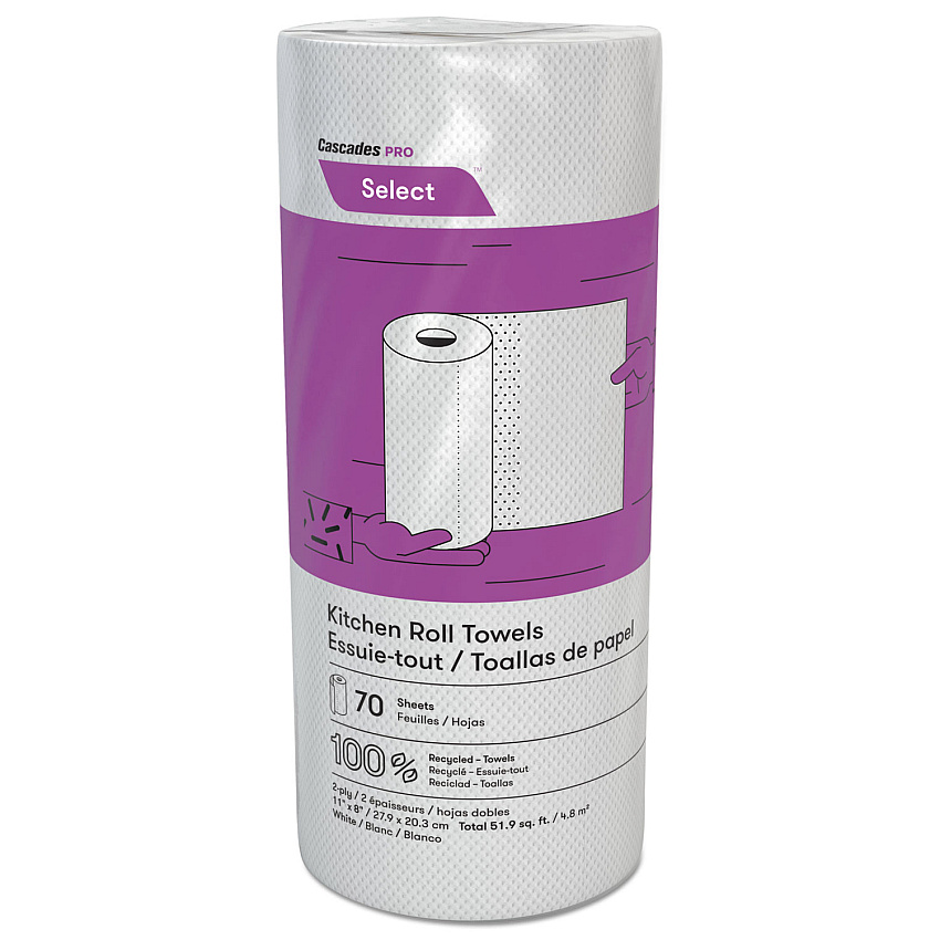 Cascades Select Perforated Kitchen Roll Towels, 2-Ply, 8 x 11, White, 70/Roll, 30 Rolls/Carton (K070)