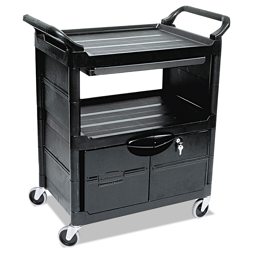 Rubbermaid Commercial Utility Cart with Locking Doors, Plastic, 3 Shelves, 200 lb Capacity, 33.63" x 18.63" x 37.75", Black (345700BLA)