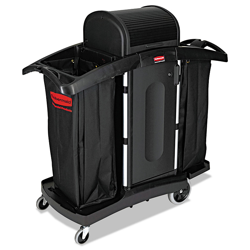 Rubbermaid Commercial High-Security Housekeeping Cart, Plastic, 3 Shelves, 2 Bins, 22" x 51.75" x 53.5", Black/Silver (9T78)