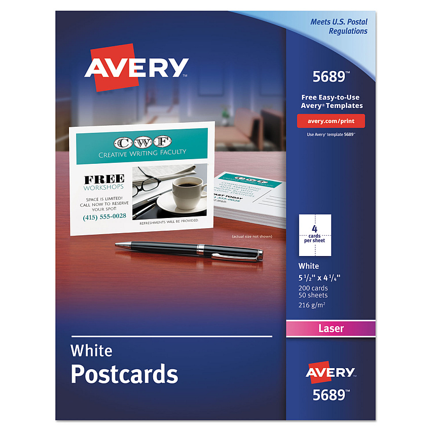 Avery Printable Postcards, Laser, 80 lb, 4.25 x 5.5, Uncoated White, 200 Cards, 4 Cards/Sheet, 50 Sheets/Box (5689)