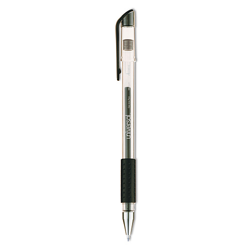 Universal Comfort Grip Gel Pen, Stick, Medium 0.7 mm, Black Ink, Clear/Black Barrel, Dozen (UNV39510)