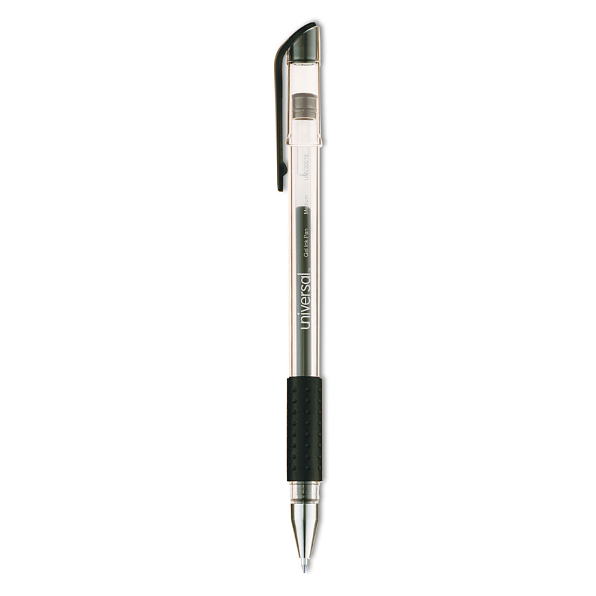 Universal Comfort Grip Gel Pen, Stick, Medium 0.7 mm, Black Ink, Clear/Black Barrel, Dozen (UNV39510)