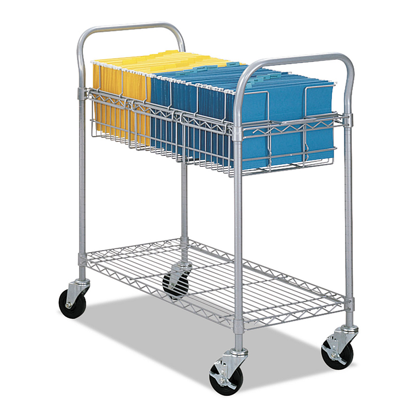 Safco Dual-Purpose Wire Mail and Filing Cart, Metal, 1 Shelf, 1 Bin, 39" x 18.75" x 38.5", Metallic Gray (5236GR)