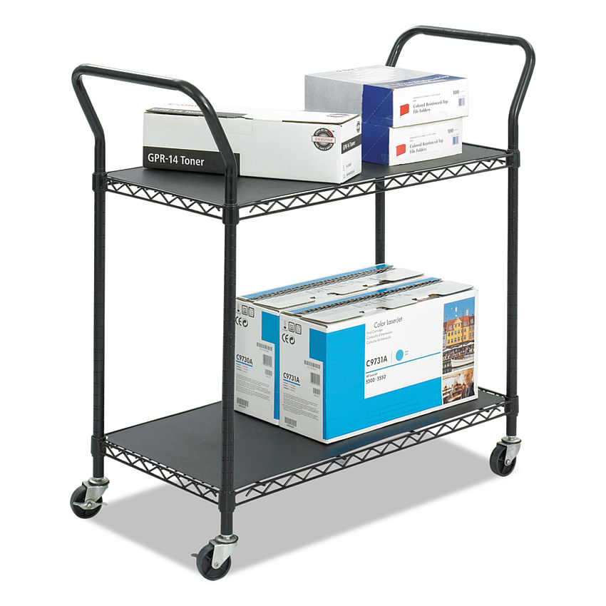 Safco Wire Utility Cart, Metal, 2 Shelves, 400 lb Capacity, 43.75" x 19.25" x 40.5", Black (5337BL)