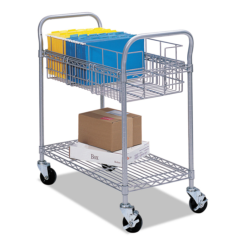 Safco Dual-Purpose Wire Mail and Filing Cart, Metal, 1 Shelf, 1 Bin, 26.75" x 18.75" x 38.5", Metallic Gray (5235GR)