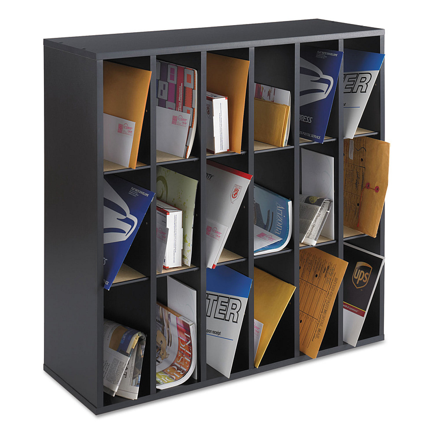 Safco Wood Mail Sorter with Adjustable Dividers, Stackable, 18 Compartments, 33.75 x 12 x 32.75, Black (7765BL)