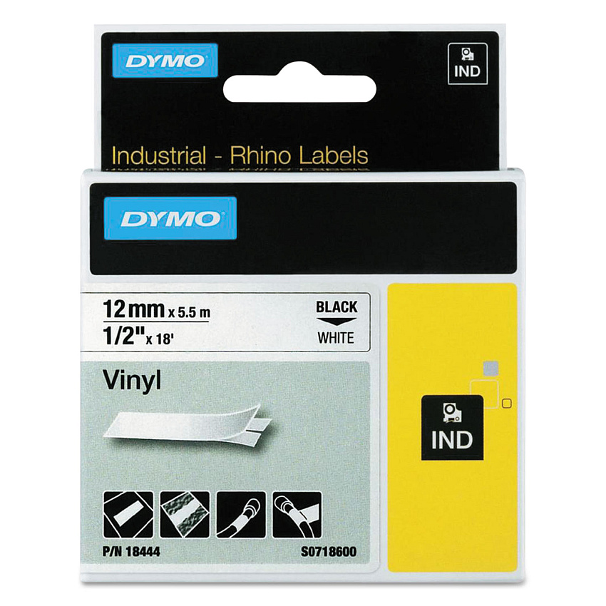 DYMO Rhino Permanent Vinyl Industrial Label Tape, 0.5" x 18 ft, White/Black Print (18444)