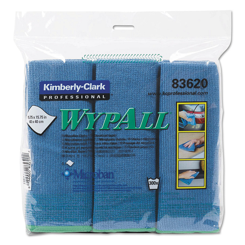 WypAll Microfiber Cloths, Reusable, 15.75 x 15.75, Blue, 6/Pack For Nonporous Surface, Bathroom, Fixtures - Cloth - 15.75" Length x 15.75" Width - Recommended For: Odor Remover, Stain Remover, Bacteria Remover - Anti-bacterial, Durable, Absorbent, (83620)