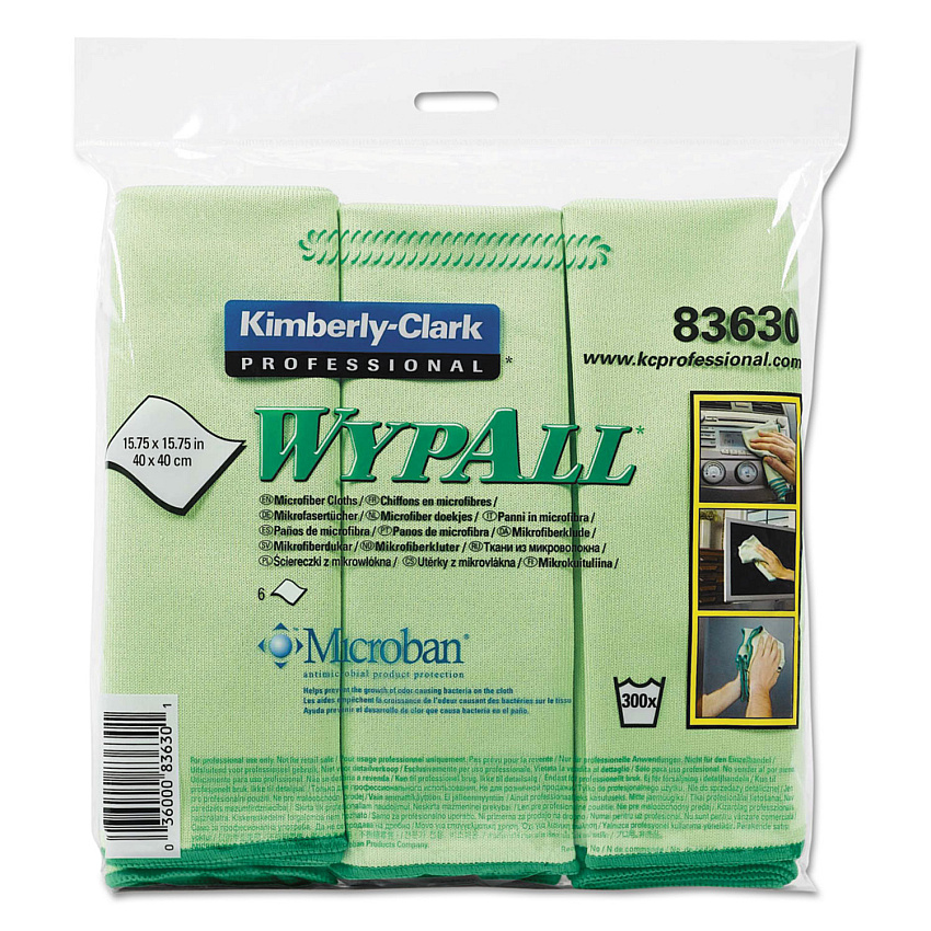 WypAll Microfiber Cloths, Reusable, 15.75 x 15.75, Green, 6/Pack For Nonporous Surface - 15.75" Length x 15.75" Width - Recommended For: Odor Remover, Stain Remover, Bacteria Remover - Anti-bacterial, Durable, Absorbent, Environmentally Friendly,  (83630)